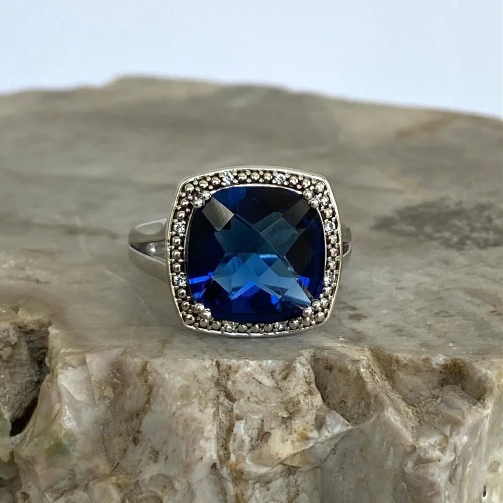 Sterling Silver 925 P☆M Blue Cubic Zirconia & Diamond Accent Stone Ring Sz 7